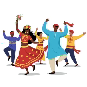 Group of people dancing in traditional colorful ethnic costumes celebrating cultural festival illustration vector