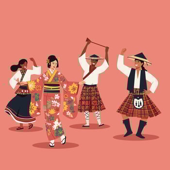 Diverse traditional dancers performing cultural dance in colorful ethnic costumes illustration vector