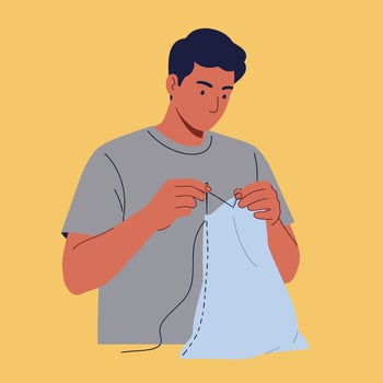 Man sewing fabric with needle and thread illustration in simple style for craft and hobby design vector