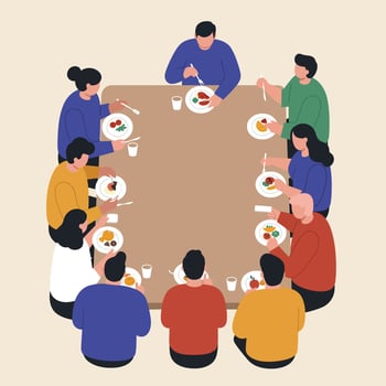 Group of People Eating Together Around Oval Table Sharing Food and Drinks Illustration vector