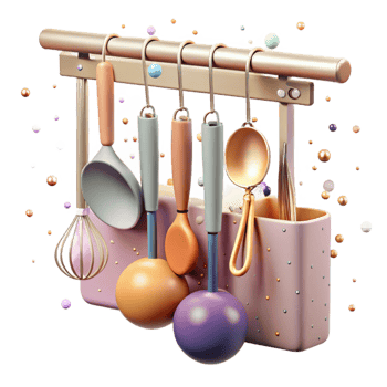 serene artistic Kitchen Utensils Hanging on a Rack Transparent Background original png
