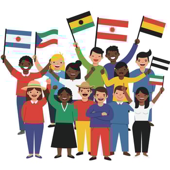 Diverse group of people holding various country flags celebrating global unity and multiculturalism illustration vector