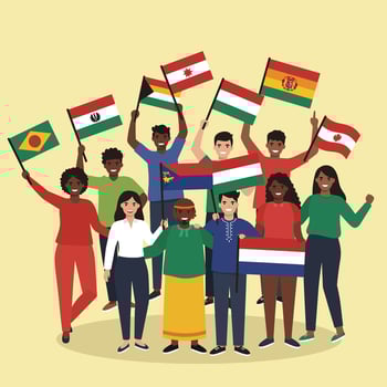 Diverse group of people holding various international flags celebrating unity and multiculturalism in a colorful illustration vector