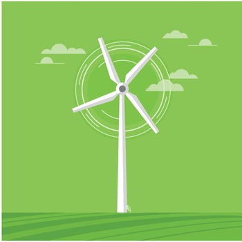 Wind turbine generating clean energy on green field with clouds and circular motion illustration vector