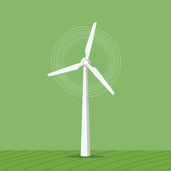 Wind turbine energy generation illustration on green background with rotating blades design vector