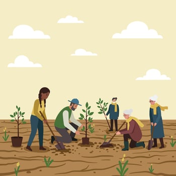 Diverse Group Planting Young Trees in Field Community Gardening Activity Outdoor Nature Scene Illustration vector