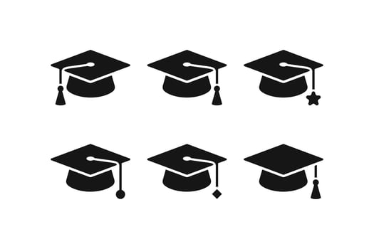 graduation cap icon set silhouette illustration black isolated on white, education, achievement vector