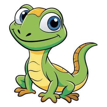 Cheerful green cartoon gecko illustration featuring big blue eyes and a smile vector