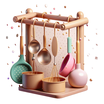 serene classic Kitchen Utensils Hanging on a Rack Transparent Background png