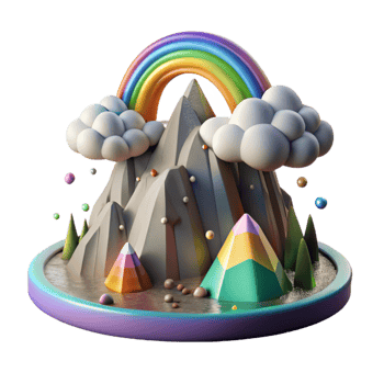 vibrant minimalist Mountain with Waterfall and Rainbow with Transparent Background high quality png