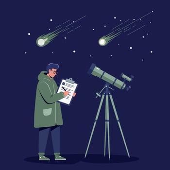 Man Observing Meteor Shower with Telescope and Recording Data at Night Illustration vector
