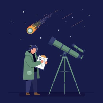 Male astronomer observing meteor shower with telescope under night sky illustration vector
