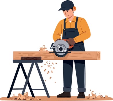 Carpenter using circular saw cutting wood plank on sawhorse illustration vector