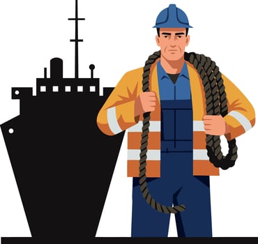Male dockworker holding rope in front of large ship illustration for maritime industry safety and labor vector