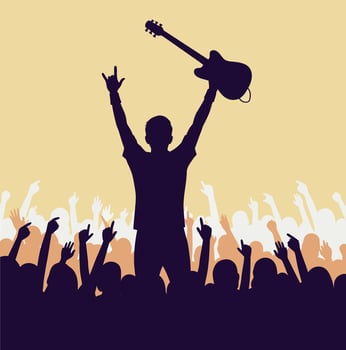 Guitarist celebrating with raised guitar on stage during concert crowd silhouette illustration vector