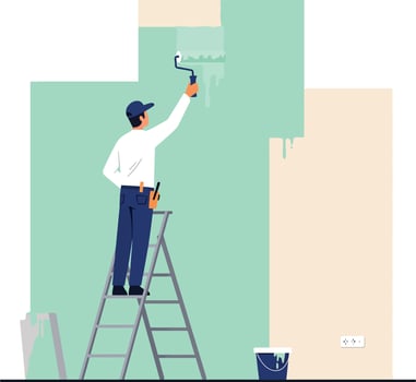 Painter on Ladder Painting Wall with Roller in Home Interior Renovation Scene Illustration vector