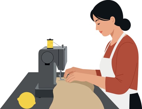 Woman sewing fabric on sewing machine with yellow thread spool illustration vector