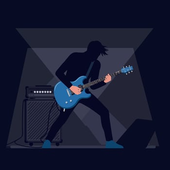 Guitar player performing on stage with blue electric guitar and amplifier illustration vector
