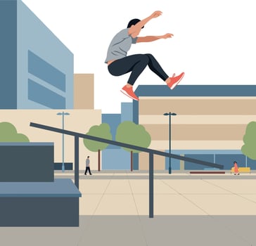 Young man performing parkour jump in urban environment with modern buildings and street elements illustration vector