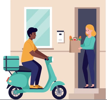 Food delivery person handing grocery bag to woman at home illustration vector