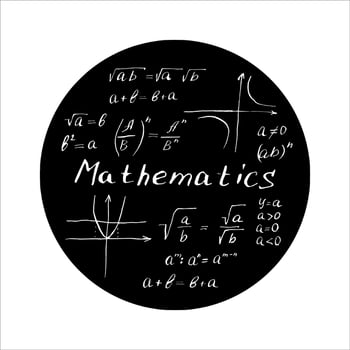 Mathematical formulas and graphs in a black circle. Hand drawn black ink illustrations. Mathematical equations written on a chalkboard in black and white style. Hand writing algebraic equations vector