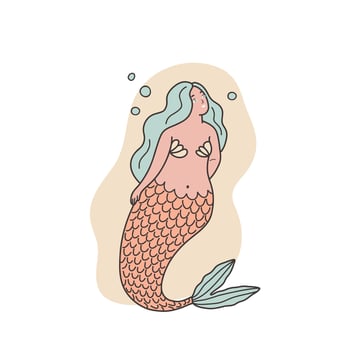 Mermaid with flowing hair gracefully swims underwater, Flat illustration isolated on white background. vector