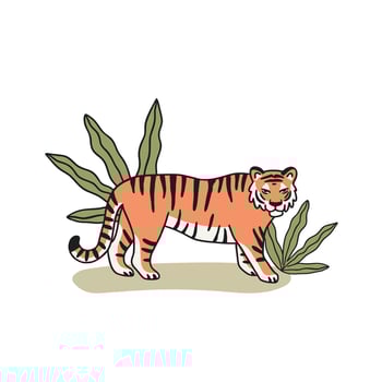 Illustration of tiger standing among green plants in minimalist style, flat illustration isolated on white background. vector