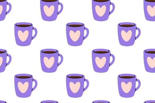Seamless pattern with purple mugs decorated with heart shapes vector