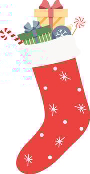 Christmas sock with gift winter holidays greeting card. Festive xmas stocking full of present box, candy cane, lollipop. Hand drawn illustration vector