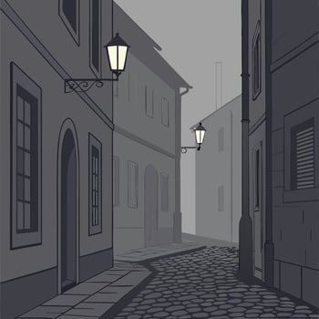 Grayscale Cobblestone Street Dusk Atmospheric Old Town Alleyway Illustration. vector