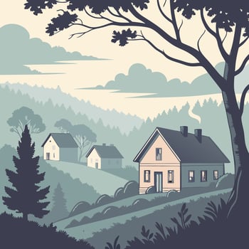 Misty Forest Village Houses Pastel Landscape Illustration Soft Blues and Greens. vector