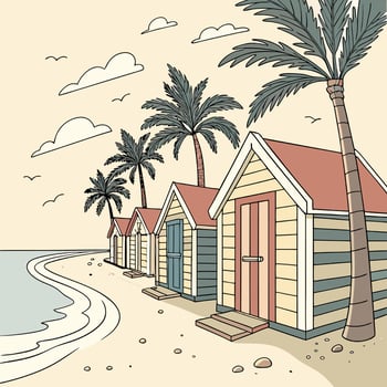 Pastel Beach Huts Summer Scene Calm Seaside Illustration. vector