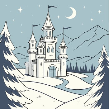 Winter Fairytale Castle Illustration Snowy Landscape, White Stone. vector