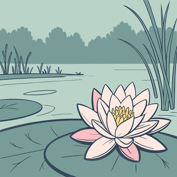 Pink Water Lily Pond Illustration Serene Nature Scene Botanical Art. vector