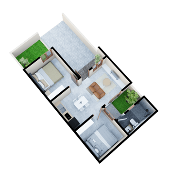 3d floor plan of a house with a living room, kitchen and bathroom. rear left corner of top view png
