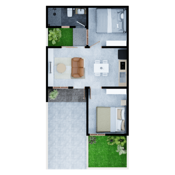 3d floor plan of a house with a living room, kitchen and bathroom. top view png