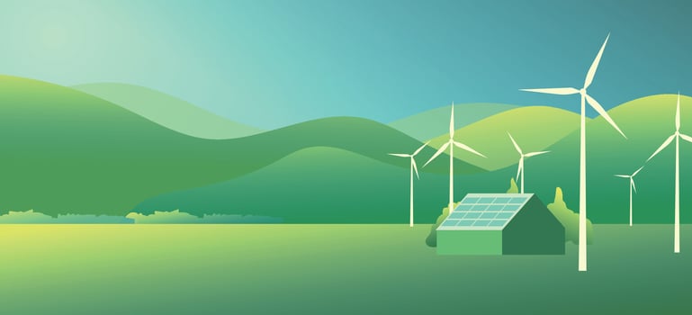 Farm house with solar panel and wind turbine with mountains, Environmental friendly green sustainable energy landscape scenery background. vector