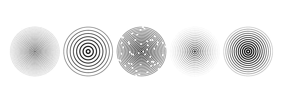 Black concentric circle set. Dotted and dashed round sound wave collection. Epicenter, target, radar, sonar icon concept. Radial radio signal or vibration elements. Linear halftone symbols vector