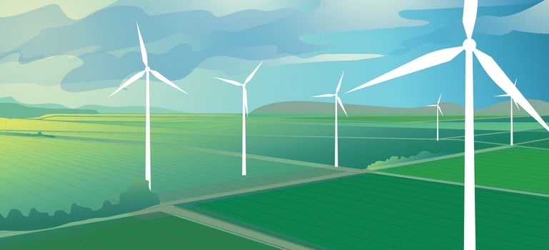 Farmland and wind turbine, Environmental friendly green sustainable energy landscape scenery background. vector