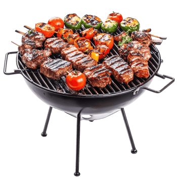 Grilled skewers of meat and vegetables on a portable barbecue. png