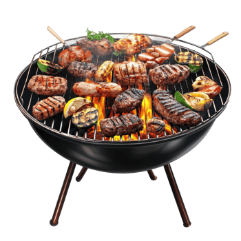 Assorted grilled meats and vegetables on a round outdoor grill. png