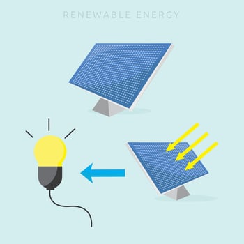 Solar panel with power production illustration. renewable energy design concept vector