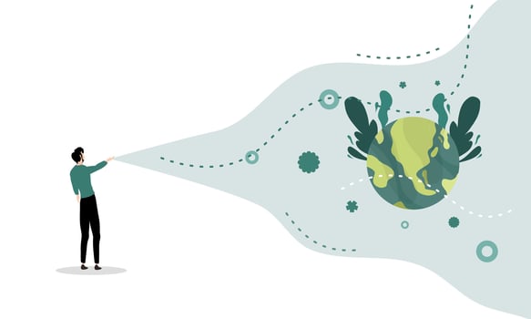 Man Spreading Particles Toward Floating Green Earth vector