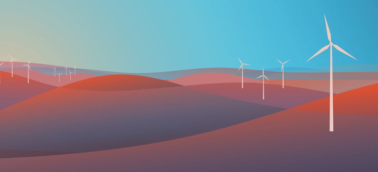 Wind turbine farm on the mountain hills sunrise, Environmental friendly green sustainable energy landscape scenery background. vector