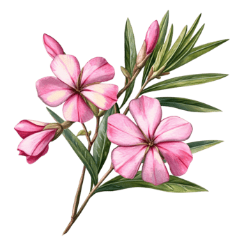 Vibrant Pink Oleander Flowers with Green Leaves and Buds png