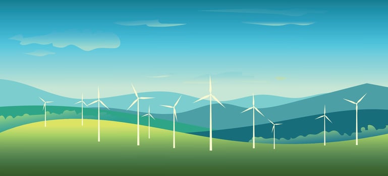 Wind turbine farm on the mountain hills, Environmental friendly green sustainable energy landscape scenery background. vector