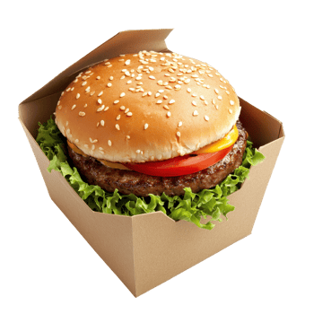 A tasty, ready-to-eat cheeseburger in a cardboard box. png