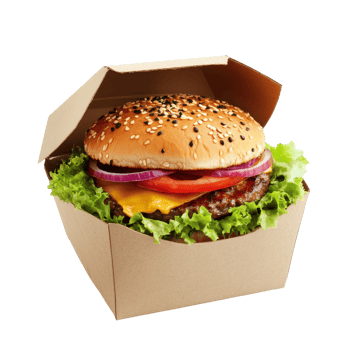 Deliciously presented hamburger in a cardboard container. png
