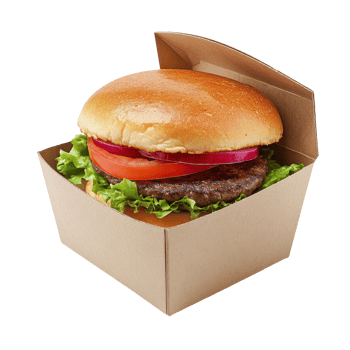 Deliciously presented, freshly made hamburger in a cardboard box. png