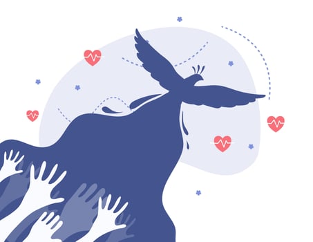 bird is flying over a group of hands vector